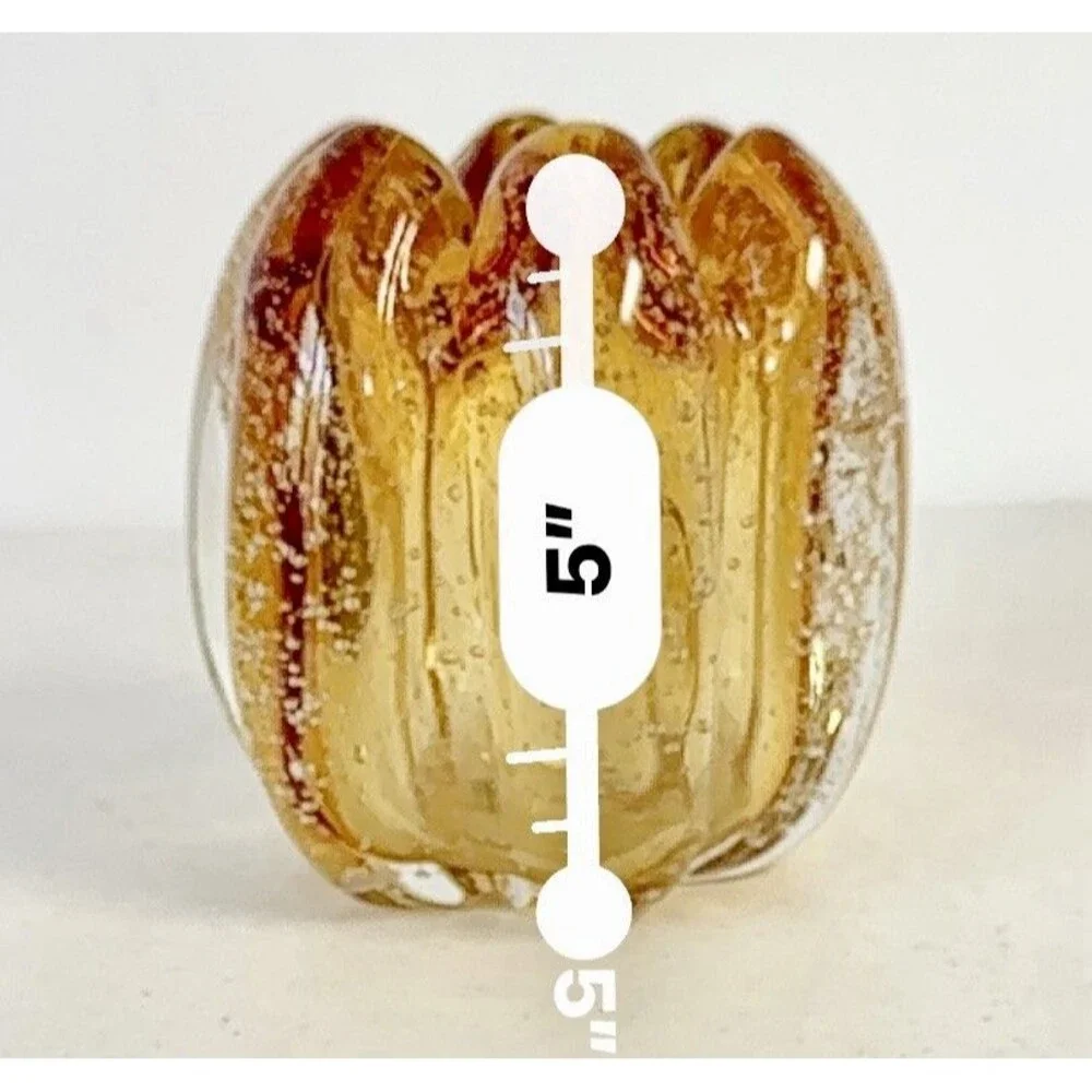 Amber‎ Heavy Art Glass Bowl By Tozai Vase Multiple Bubbles Ribbon Rim - Picture 7 of 7